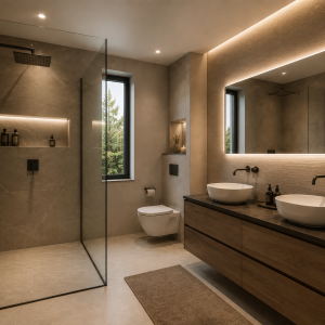 Salle de bain contemporaine haut de gamme avec douche à l'italienne.